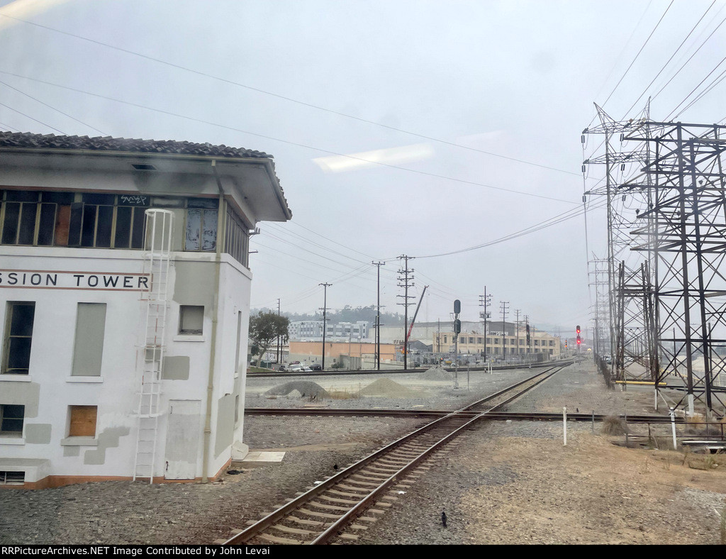 Looking up Metrolinks Ventura Line with Mission Tower on the left 